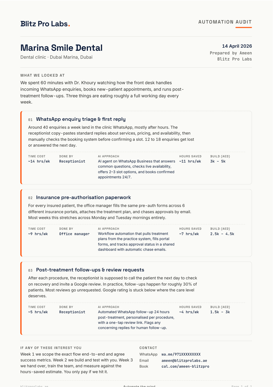 Sample automation audit report showing three repetitive tasks for a Dubai dental clinic with hours saved and build cost estimates